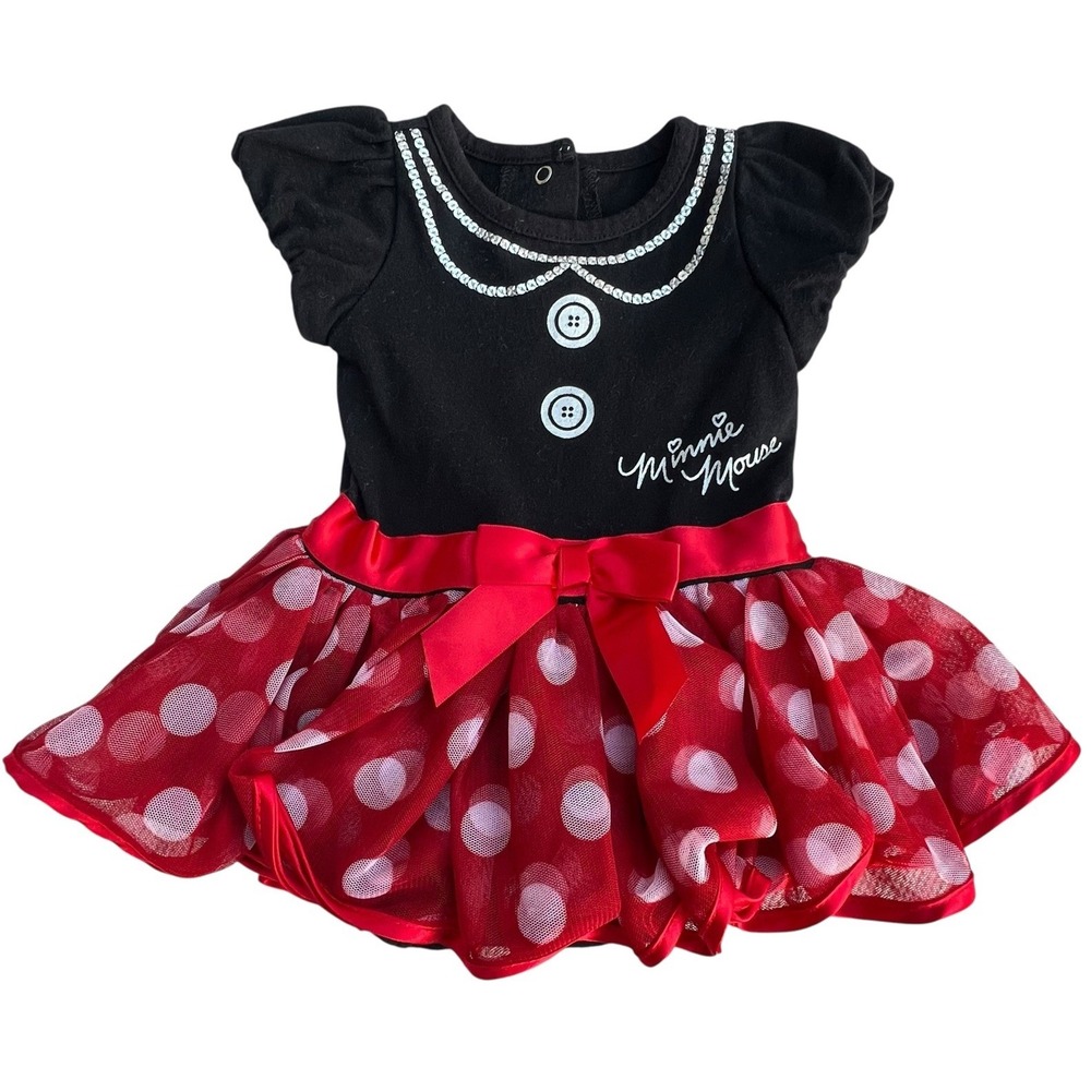 Disney Baby Dress Newborn 3 months Minnie Mouse Red Black Sequins Bow Snaps